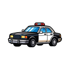 Cartoon illustration of a black and white police car with red and blue lights on top, viewed from the side.