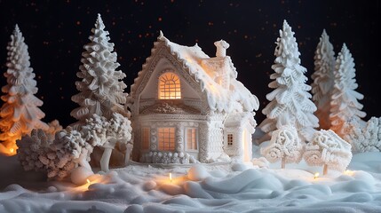 A white royal icing decorated candy house set in the setting of a nighttime conifer forest covered in snow