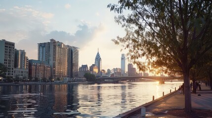 Obraz premium Visualize the Philadelphia skyline with a focus on the bustling activity along the Delaware River