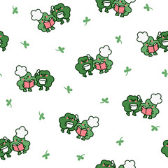 Cute kawaii clovers friends. Seamless pattern. Funny couple cartoon characters. Hand drawn style. Vector drawing. Design ornaments.