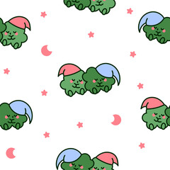 Cute kawaii clovers friends. Seamless pattern. Funny couple cartoon characters. Hand drawn style. Vector drawing. Design ornaments.