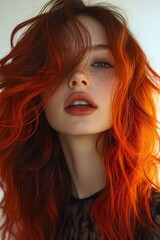 Fototapeta premium Dramatic Portrait of a Woman with Fiery Red Hair in the Wind