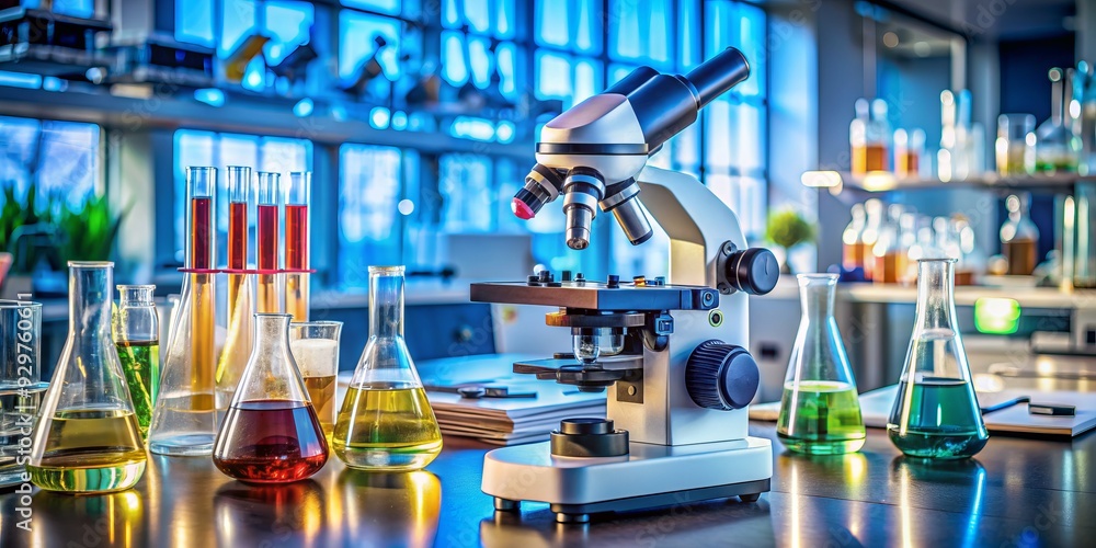 Poster macro view of a modern microscope on a cluttered laboratory table surrounded by various scientific e
