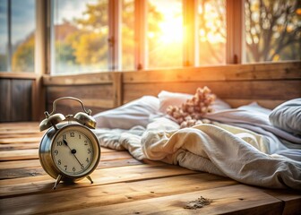 A rustic wooden alarm clock stands alone on a blurred, messy bedroom background, surrounded by scattered sheets, pillows, and a glimpse of a morning sunrise.