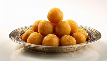 A small, elegant silver platter filled with multiple Laddus, arranged in a neat pile