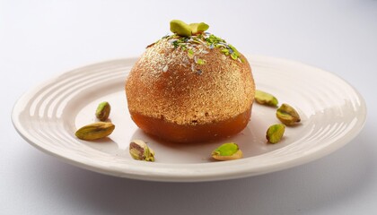 A Laddu decorated with a few silver edible foil and a couple of pistachio slices