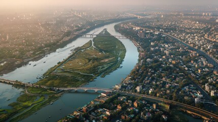 Visualize the Yamuna River winding through Delhi, seen from above with its bridges connecting different parts of the city