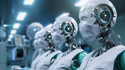 Fototapeta premium Futuristic robots in a medical setting, showcasing advanced technology and healthcare.