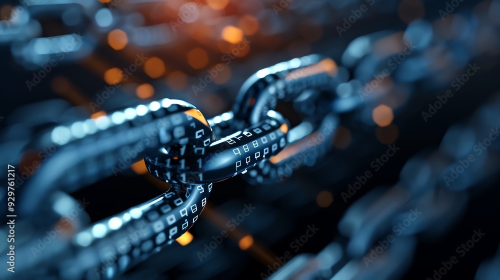 Poster close-up of a futuristic digital chain, showcasing intricate links and a mesmerizing bokeh backgroun