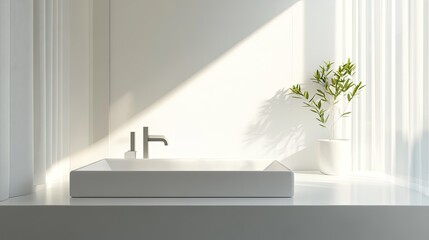 A minimalist bathroom with a rectangular sink, simple faucet, and clean lines