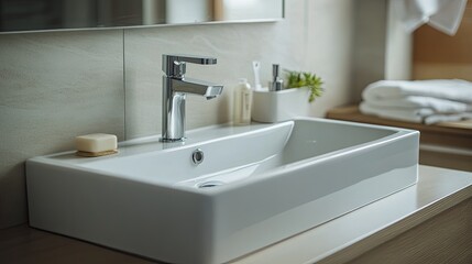 Fototapeta premium A minimalist bathroom with a rectangular sink, simple faucet, and clean lines