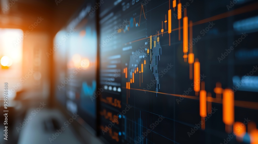 Poster close-up view of a stock market chart displaying dynamic trading movements and trends with bright co