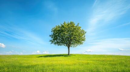 A peaceful green meadow with a single tree under a blue sky