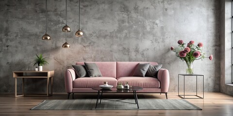 Minimalist living room features a small pink velvet rose sofa against a gray plaster wall, accompanied by a vase, black table, and subtle decorations.