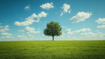 A peaceful green meadow with a single tree under a blue sky