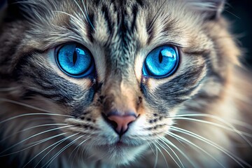 Vibrant blue eye of a feline gazing intensely, mesmerizing whiskers and soft fur surrounding it, with a shallow focus and natural lighting effect.