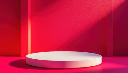 Minimalist display pedestal in vibrant red background, perfect for showcasing products or art in modern presentations.