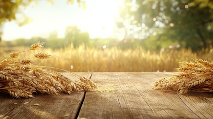 Rustic wooden table with wheat sheaves, golden field, and bright sunlight creating a warm, idyllic harvest scene.