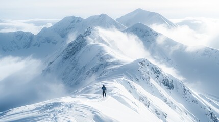 Obraz premium Lone hiker on snowy mountain ridge, epic winter mountain landscape, snowy peak, clouds, scenic view.