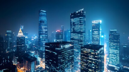 Nighttime view of a technologically advanced city with sleek, illuminated skyscrapers. Premium background for the latest technology needs