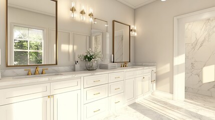 A spacious bathroom with a double sink vanity, large mirror, and ample storage
