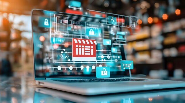 Online shopping and Internet Money Payment Transaction Technology. Modern graphic interface showing e-commerce retail store for customer to purchase product on website and pay by online transfer. uds