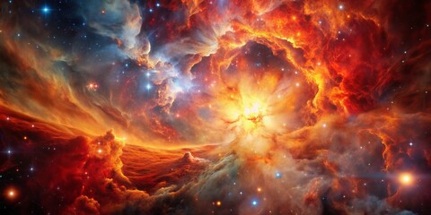 Vibrant digital image of a majestic space nebula, accentuating deep red and orange hues, with intricate details and textures, evoking a sense of cosmic wonder.