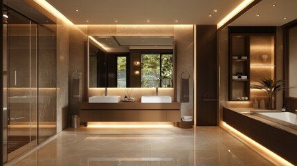 A spacious bathroom with a large vanity, double sinks, and ample storage space