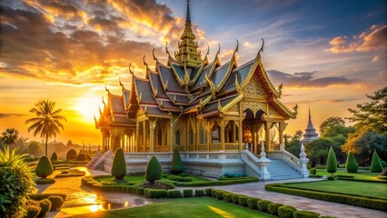 Vibrant golden temple in Thai style radiates warm ambiance amidst serene surroundings, intricately carved details amplified by soft morning sunrise light.
