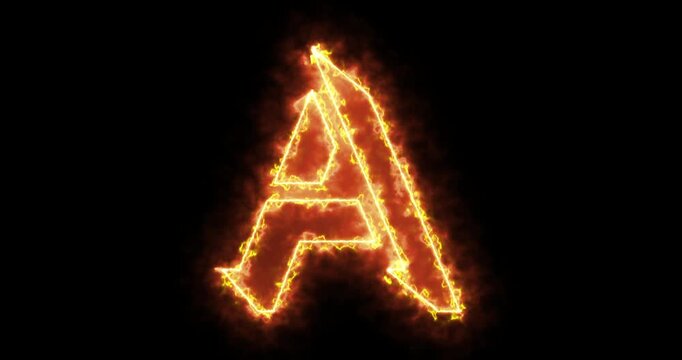 4K fire A alphabet on black background. A alphabet fire moving outline for an online shop, blog, web, cafe, and hotel on a black BG.Technology video material animation. Easy to use in any video.