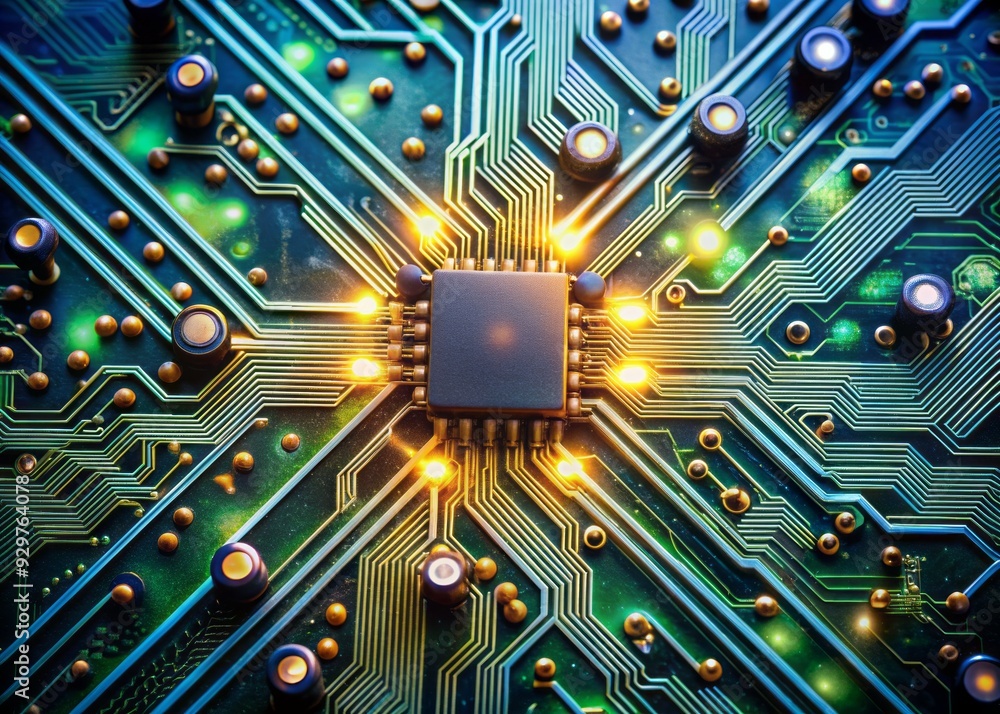 Poster a macro photo of a circuit board showing a network of interconnected microchips, with an overhead vi