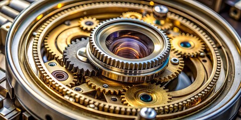 Obraz premium Macro photography of a precision mechanical zoom lens with intricate metal components and gears, showcasing its internal mechanism and optical glass elements.