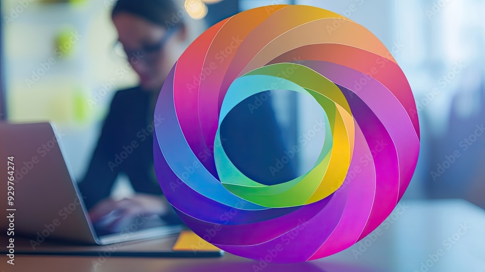 Poster a vibrant circle graph displayed on a tablet with a businessperson working in the background