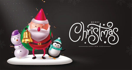Merry christmas greeting vector background design. Christmas greeting text with santa claus, snowman and penguin characters standing in podium ice new year eve black background. Vector illustration  © Zeinous