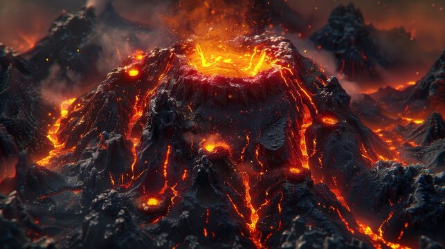 Volcano Eruption with Flowing Molten Lava, Smoke, and Ash A Fiery Landscape of Volcanic Fury