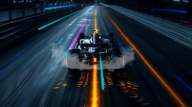 High-Speed Racing Car on Neon-Lit Track. Seamless looping time-lapse 4k video animation background