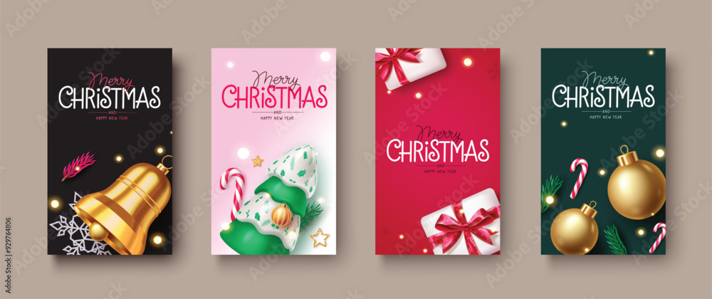 Aufkleber merry christmas greeting card vector set design. christmas greeting text in colorful bokeh backgroun
