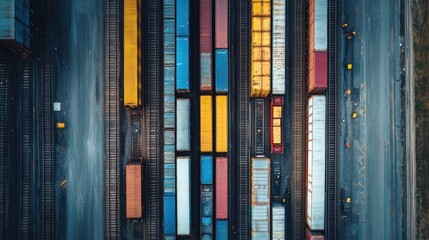 Obraz premium Row of cargo trains on railway tracks industrial background heavy freight transportation global supply chain logistics