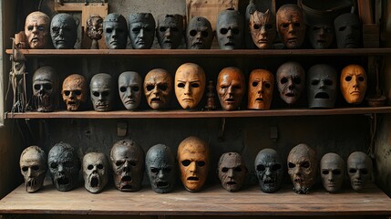 Fototapeta premium Haunted blacksmith workshop filled with creepy Halloween masks, vintage horror elements, detailed craftsmanship, isolated on white background