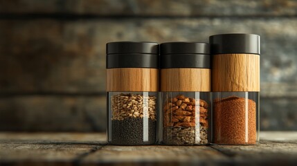 Three spice jars with different spices against a rustic wooden background. Perfect for kitchen, cooking, or culinary concepts.