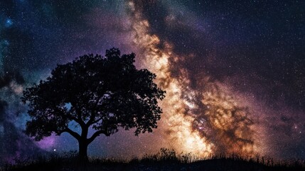 Silhouetted Tree Against a Starry Night Sky with the Milky Way Galaxy