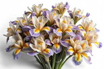Obraz premium Vibrant purple and white iris flowers with delicate petals and yellow centers are arranged in a bouquet on a transparent background, showcasing their elegant beauty.
