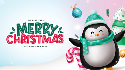 Christmas greeting vector template design. Merry christmas greeting typography text in empty space snow winter background with cute waving penguin character and pine tree, xmas balls, candy cane and 