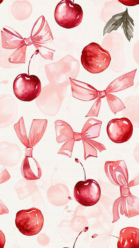 pink bow red cherries watercolor cutecore coquett on a pink background. pink cute wallpaper