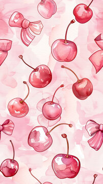 pink bow red cherries watercolor cutecore coquett on a pink background. pink cute wallpaper