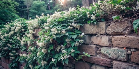 Rustic stone wall overrun with fragrant honeysuckle vines, delicate white flowers and lush green foliage spilling over ancient weathered rocks in warm summer light.