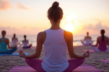A serene moment of yoga practice on the beach during a beautiful sunset, promoting relaxation and mindfulness.