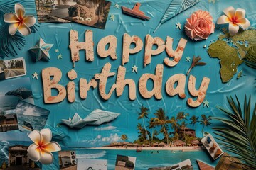 Travel-Themed Collage: A wanderlust-inspired collage with photos of exotic destinations, birthday celebrations in different cultures, and travel memorabilia. "Happy Birthday" is written in a stylized,