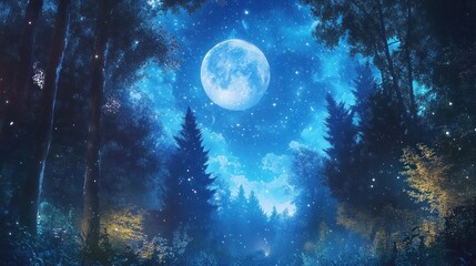 Fototapeta premium Silhouetted Trees Under a Full Moon and Starry Sky