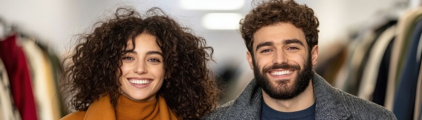Obraz premium Happy couple smiling together in a fashion store, showcasing joyful moments and stylish clothing.